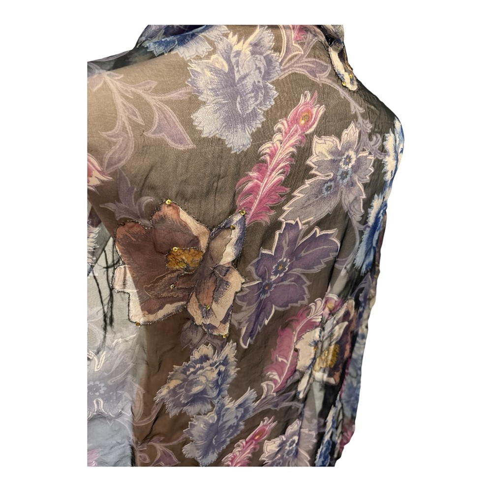 80s SILK FLORAL BOHO SCARF SHAWL W SEQUIN ACCENTS & BLACK FRINGE SZ 40 " X 43" - Picture 5 of 5